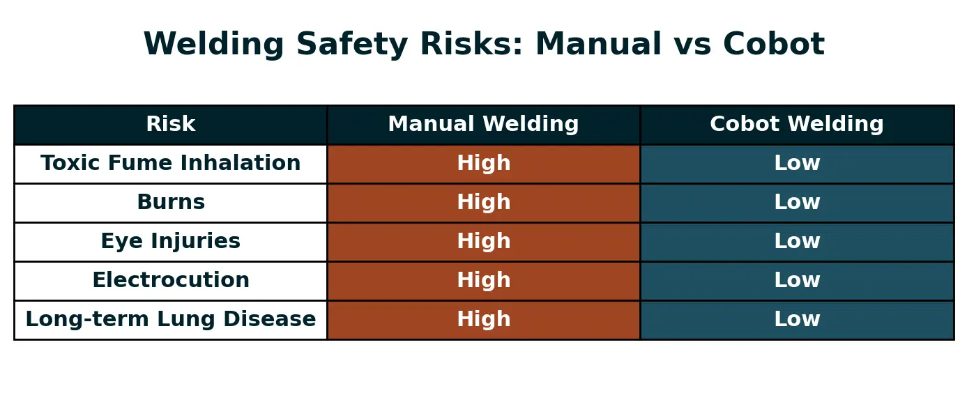 Table showing the risks of cobot welding vs manual welding