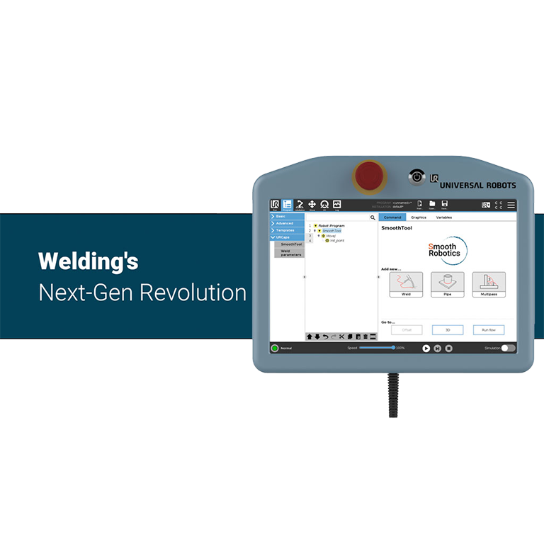 A teach pendant from a welding cobot system showing SmoothTool software start page