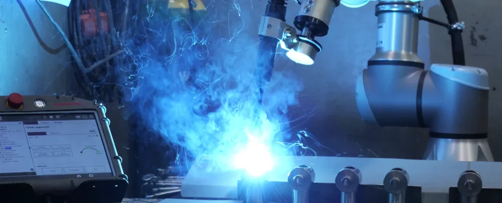 Cobot welding production pieces at Peverk Oy