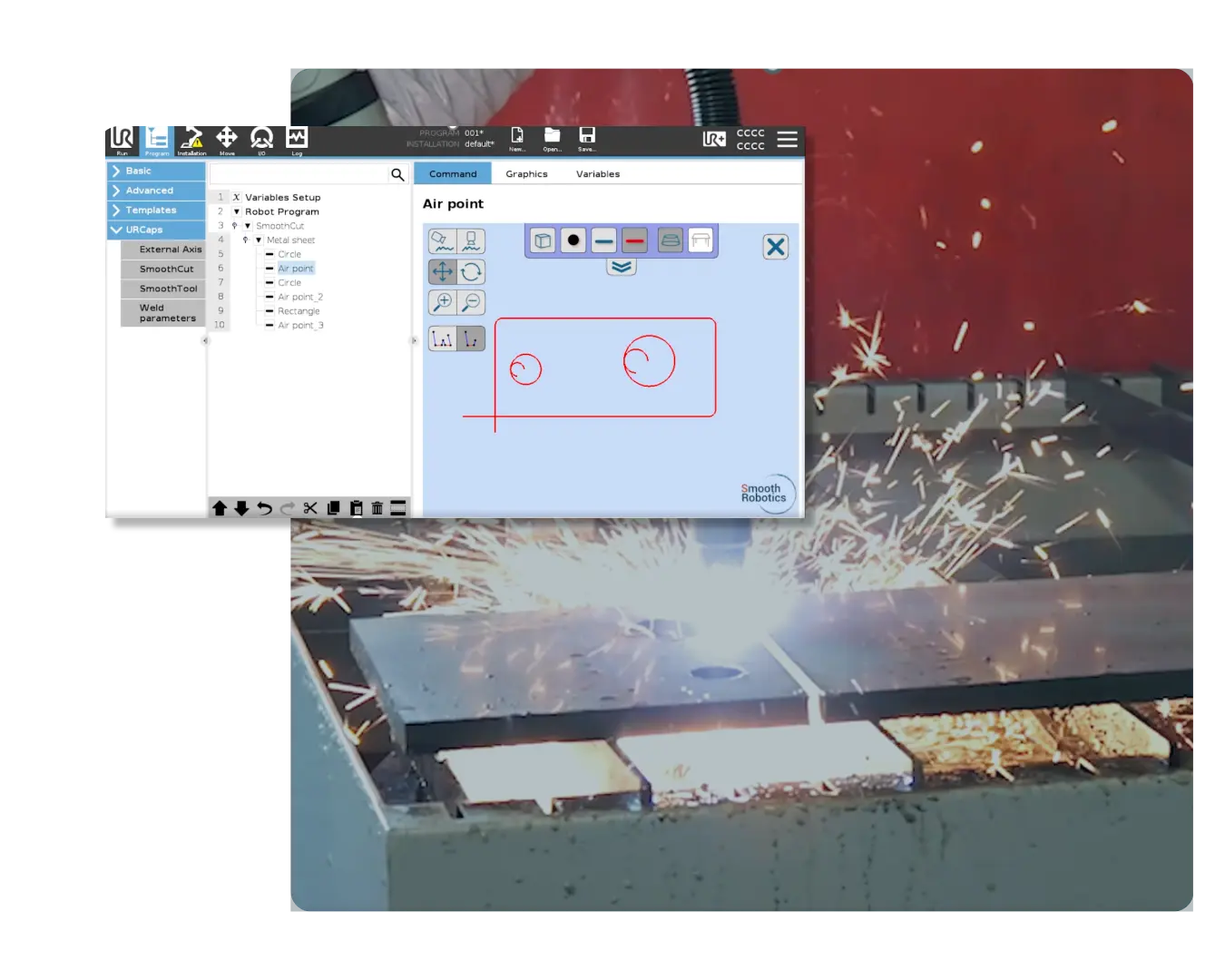 SmoothCut product interface and application preview with cirlce and rectangular cuts including lead in and lead out